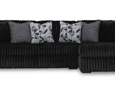 Contemporary Black Sectional Sofa Couch with Ribbed Velvet-Look Upholstery & Accent Pillows