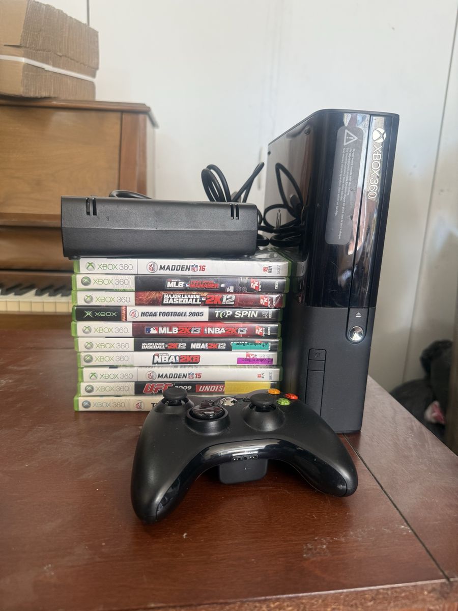 Microsoft Xbox 360 E Black Console Bundle with Controller, Power Supply & 10 Games