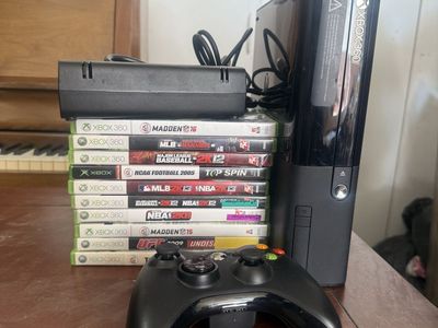 Microsoft Xbox 360 E Black Console Bundle with Controller, Power Supply & 10 Games