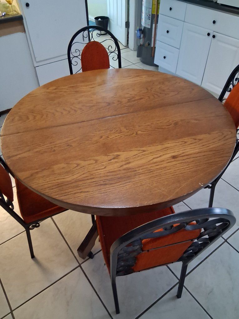Round Dining Table with 4 Wrought Iron Chairs - Orange Cushions, Compact Kitchen Set