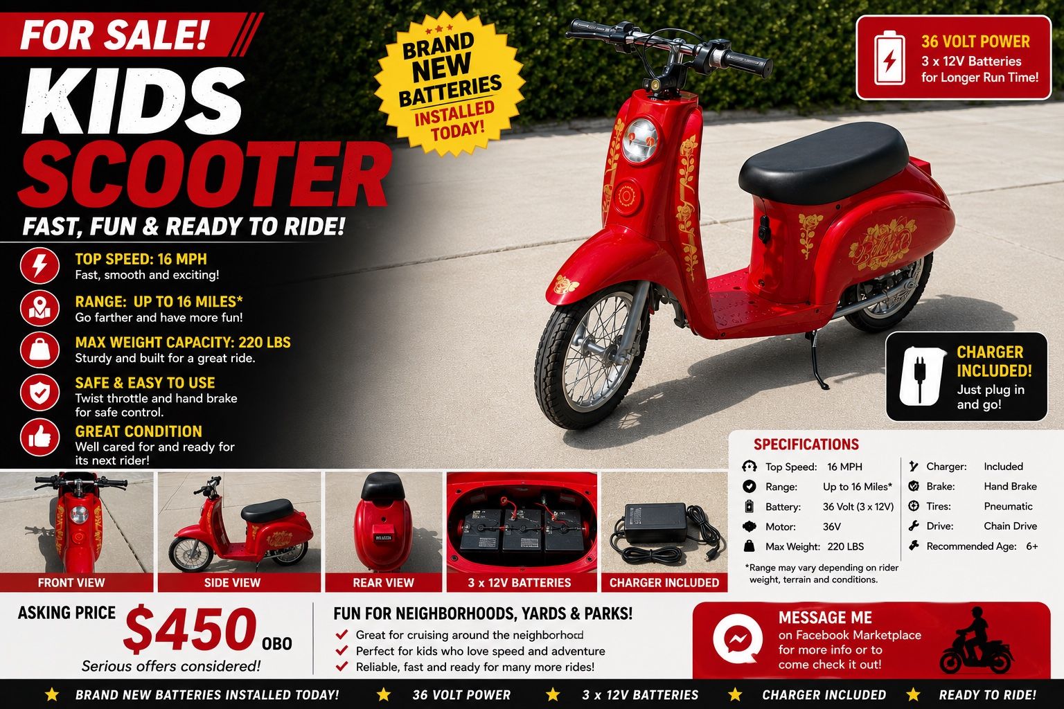 Bellezza by Jazzy Red 36V Kids Electric Scooter - 16 MPH, 16-Mile Range, New Batteries