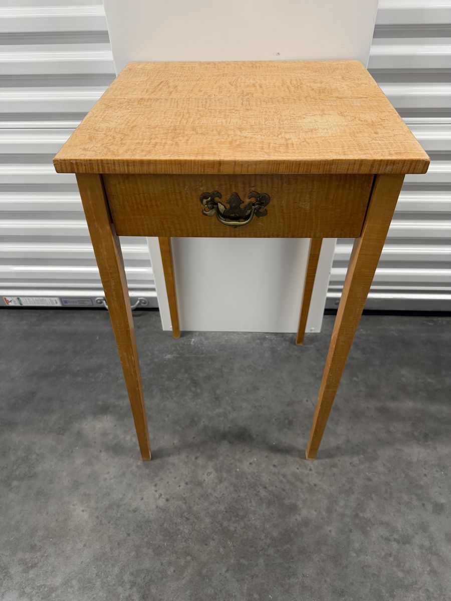 Vintage Light Wood Side Table with Single Drawer & Brass Pull - Accent End Table