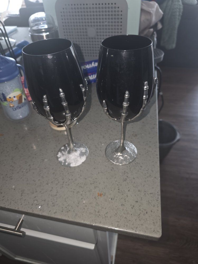Skeleton Hand Stemware Wine Glasses Set of 2 Black Silver