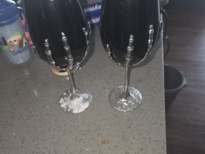 Skeleton Hand Stemware Wine Glasses Set of 2 Black Silver