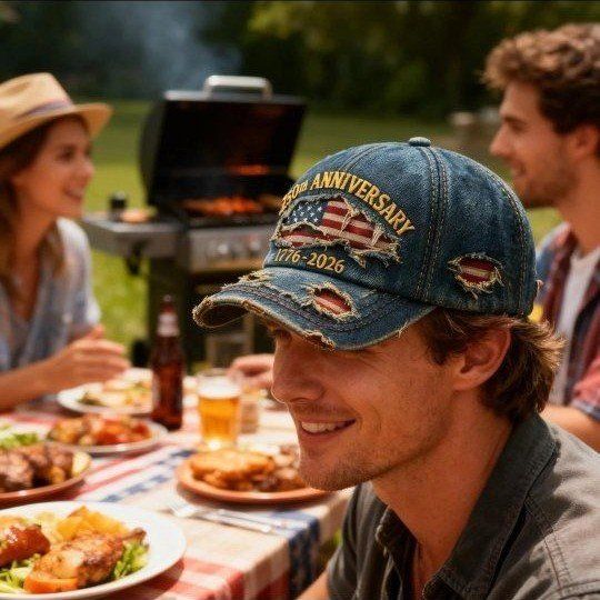 250th Anniversary American Flag Distressed Denim Baseball Cap