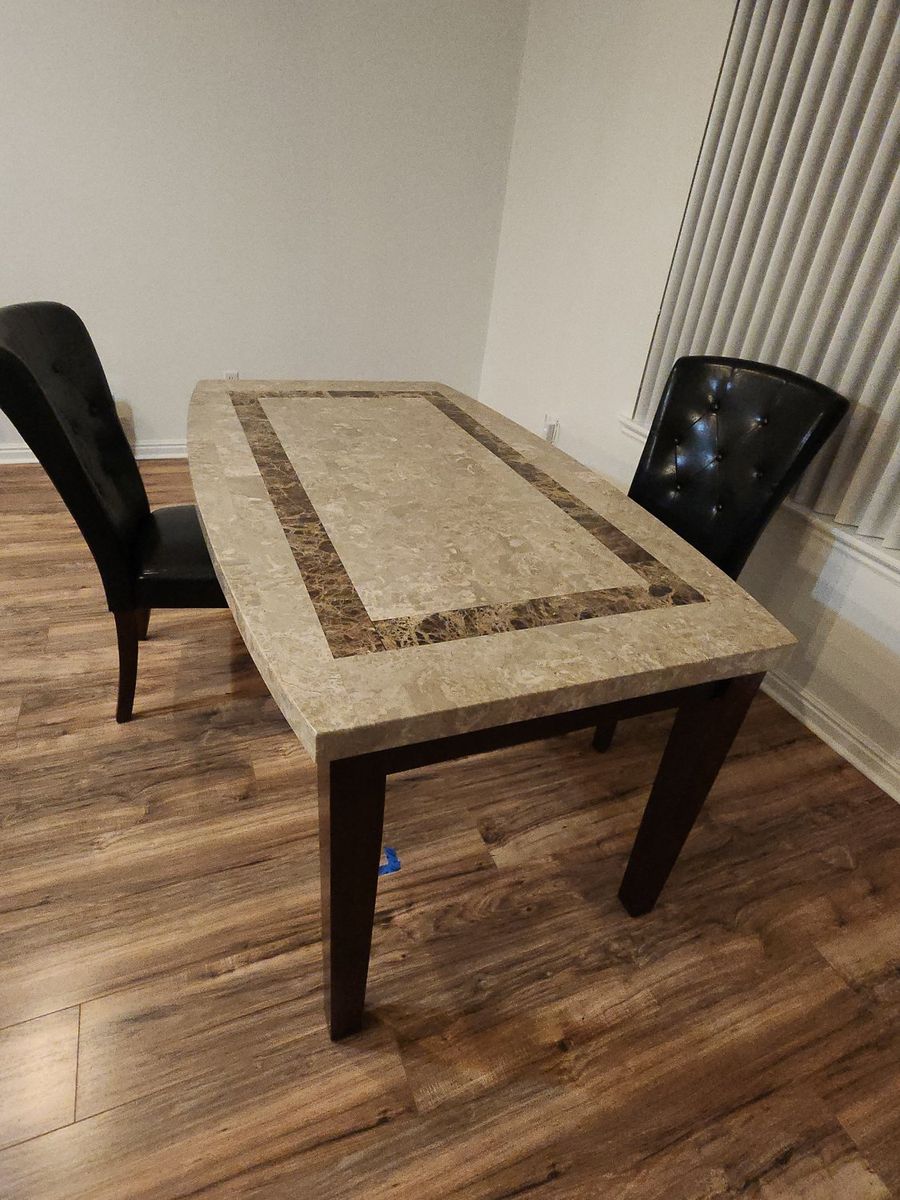 Dining table and 6 chairs (marble top, wood frame, black leather seats)