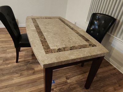 Dining table and 6 chairs (marble top, wood frame, black leather seats)