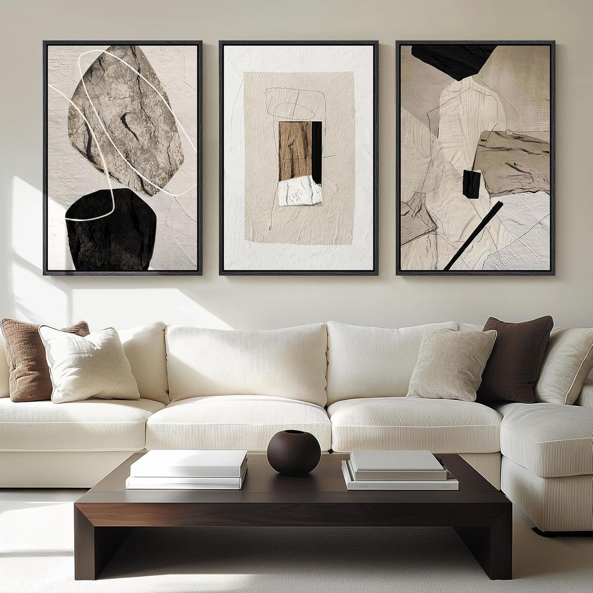 NEW 24X36 Large Framed Neutral Abstract Wall Art for Living Room, 3 Piece Modern Canvas Prints