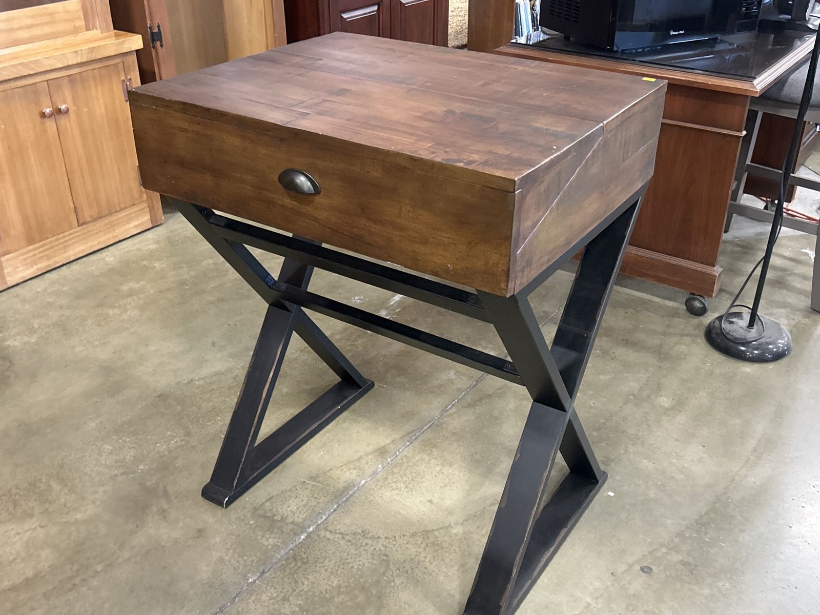 Industrial Style Wood Top Nightstand/End Table with Metal X-Frame, Single Drawer