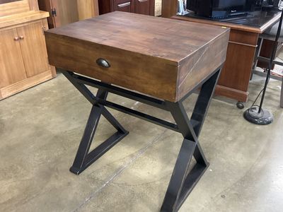 Industrial Style Wood Top Nightstand/End Table with Metal X-Frame, Single Drawer