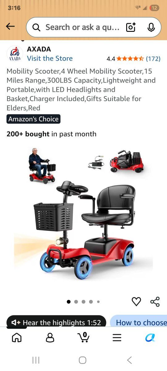 AXADA 4-Wheel Mobility Scooter - 15 Miles Range, 300lbs Capacity, Lightweight, Red