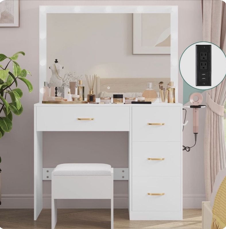 White Vanity Set with Lighted Mirror, 5 Drawers & Power Outlet, New
