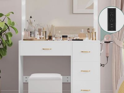 White Vanity Set with Lighted Mirror, 5 Drawers & Power Outlet, New