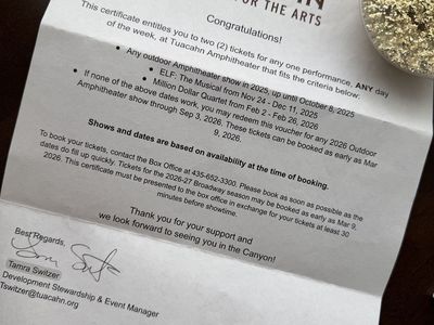 Tuachan Gift Certificate for 2 tickets to ANY available show until Sept. 3. ANY seat in the house!!!