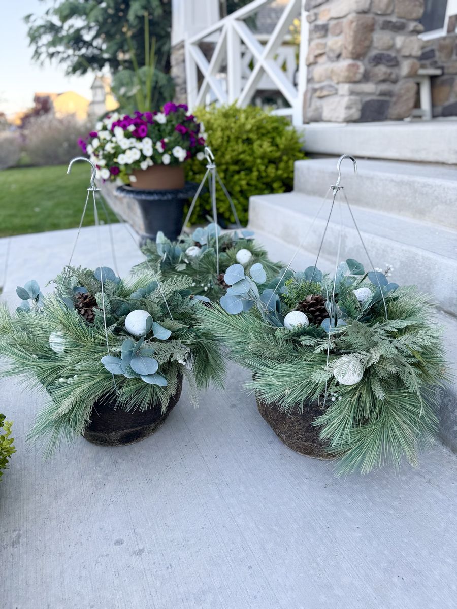 GORGEOUS | Set of 3 | LARGE | Winter Hanging Baskets | Beautiful Neutral Colors | Faux Greenery | Pinecones |