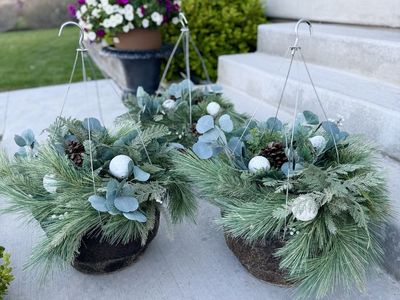 GORGEOUS | Set of 3 | LARGE | Winter Hanging Baskets | Beautiful Neutral Colors | Faux Greenery | Pinecones |