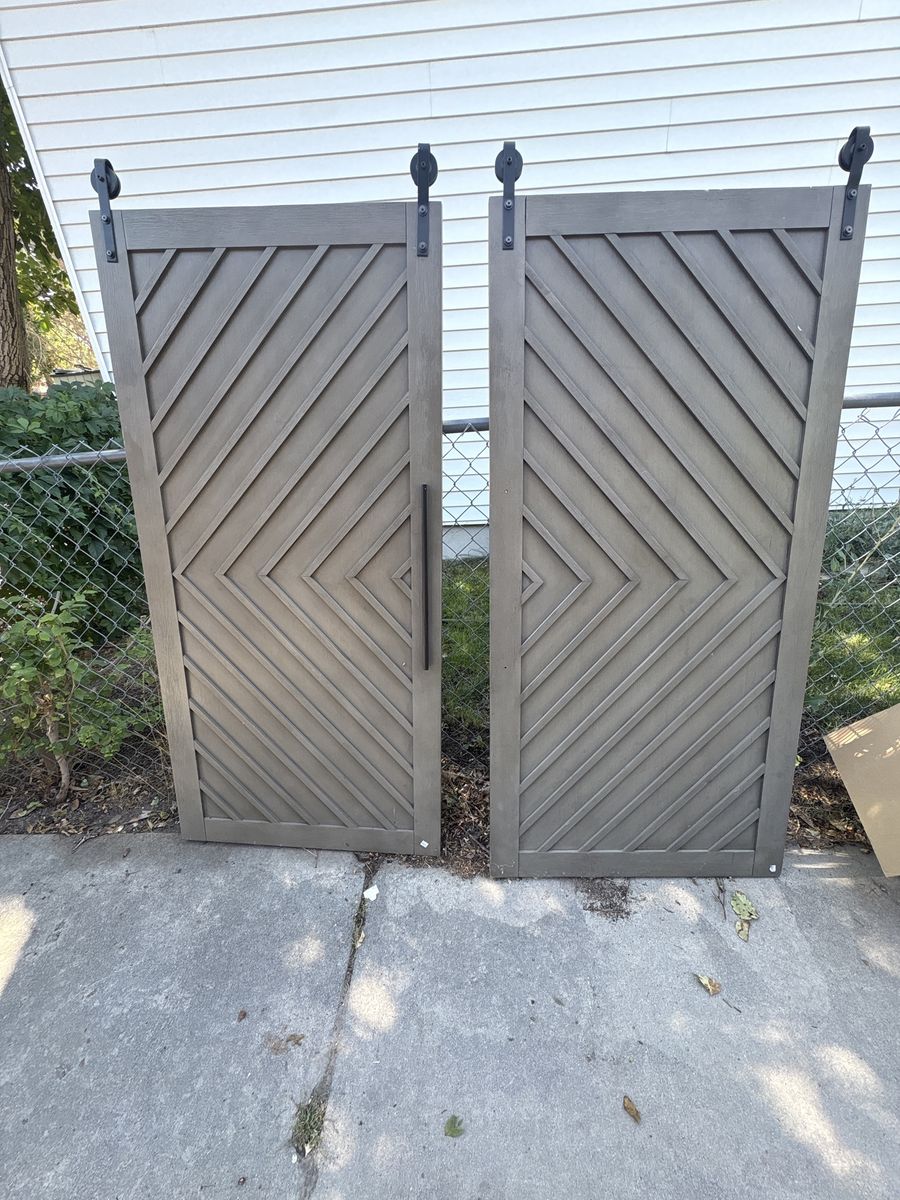 Rustic Gray Barn Doors w/ Sliding Hardware - Set of 2, Chevron Pattern