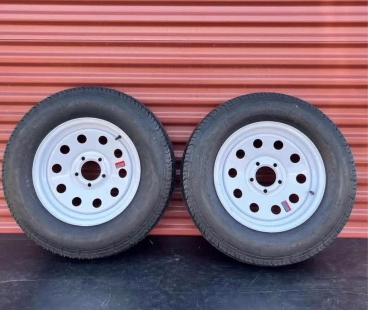 Set of 2 Free Country ST 205/75 D 15 Tires Mounted on New White Mod Wheels 5 on 4.5 Pattern Brand New