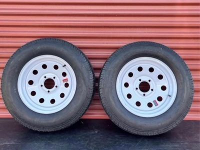 Set of 2 Free Country ST 205/75 D 15 Tires Mounted on New White Mod Wheels 5 on 4.5 Pattern Brand New