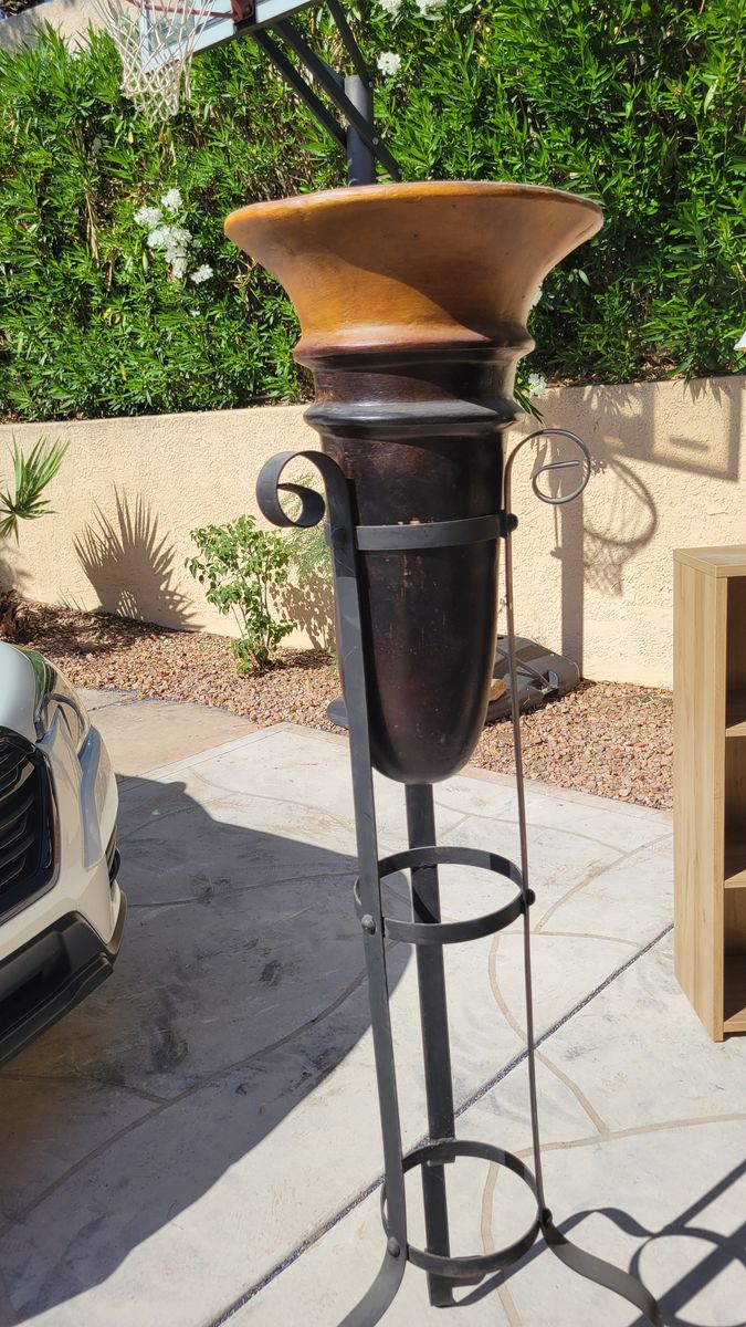 Outdoor Torch Planter / Decorative Urn on Wrought Iron Stand - Bronze & Tan Finish