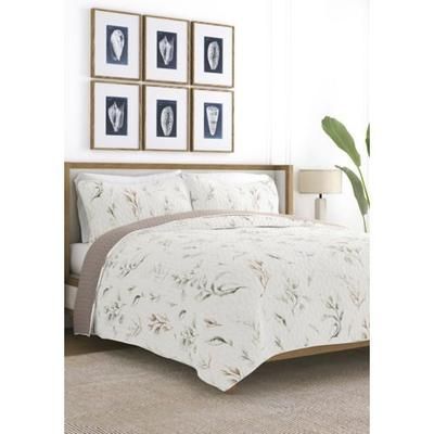 New Home Collection All Season Watercolor Leaves & Stripes Reversible Quilt Set w Shams, Full/Queen