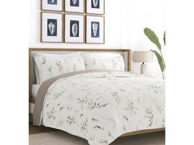 New Home Collection All Season Watercolor Leaves & Stripes Reversible Quilt Set w Shams, Full/Queen
