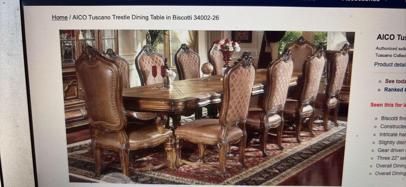 AICO Tuscano Collection Michael Amini 82" Dining Table w/ 2x 22" Leaves & 10 Chairs