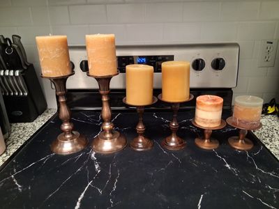 Set of 6 Mixed Bronze Tone Candle Holders with Pillar Candles - Various Sizes