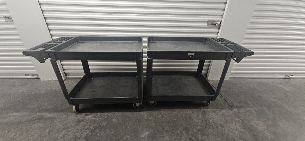 2X Franklin 36 x 24 Heavy Duty Plastic Commercial Utility Carts - 2-Shelf Rolling Service Carts