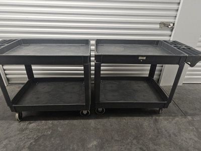 2X Franklin 36 x 24 Heavy Duty Plastic Commercial Utility Carts - 2-Shelf Rolling Service Carts