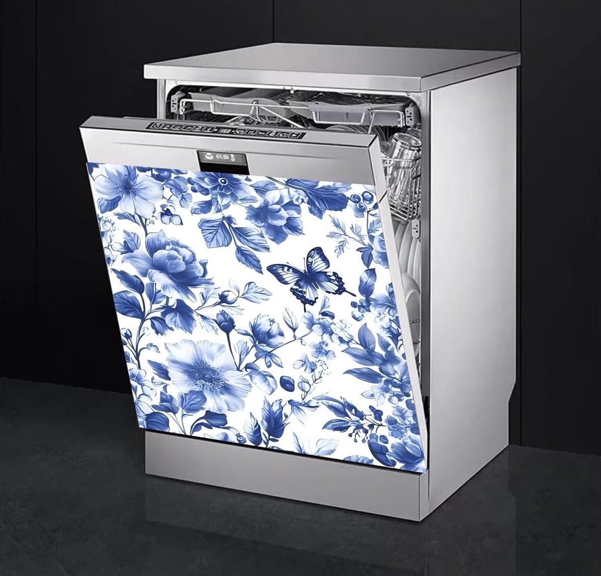 Dishwasher Magnet Cover, Blue Floral & Butterfly Design, 23x26in, Decorative Kitchen Appliance Art - New!