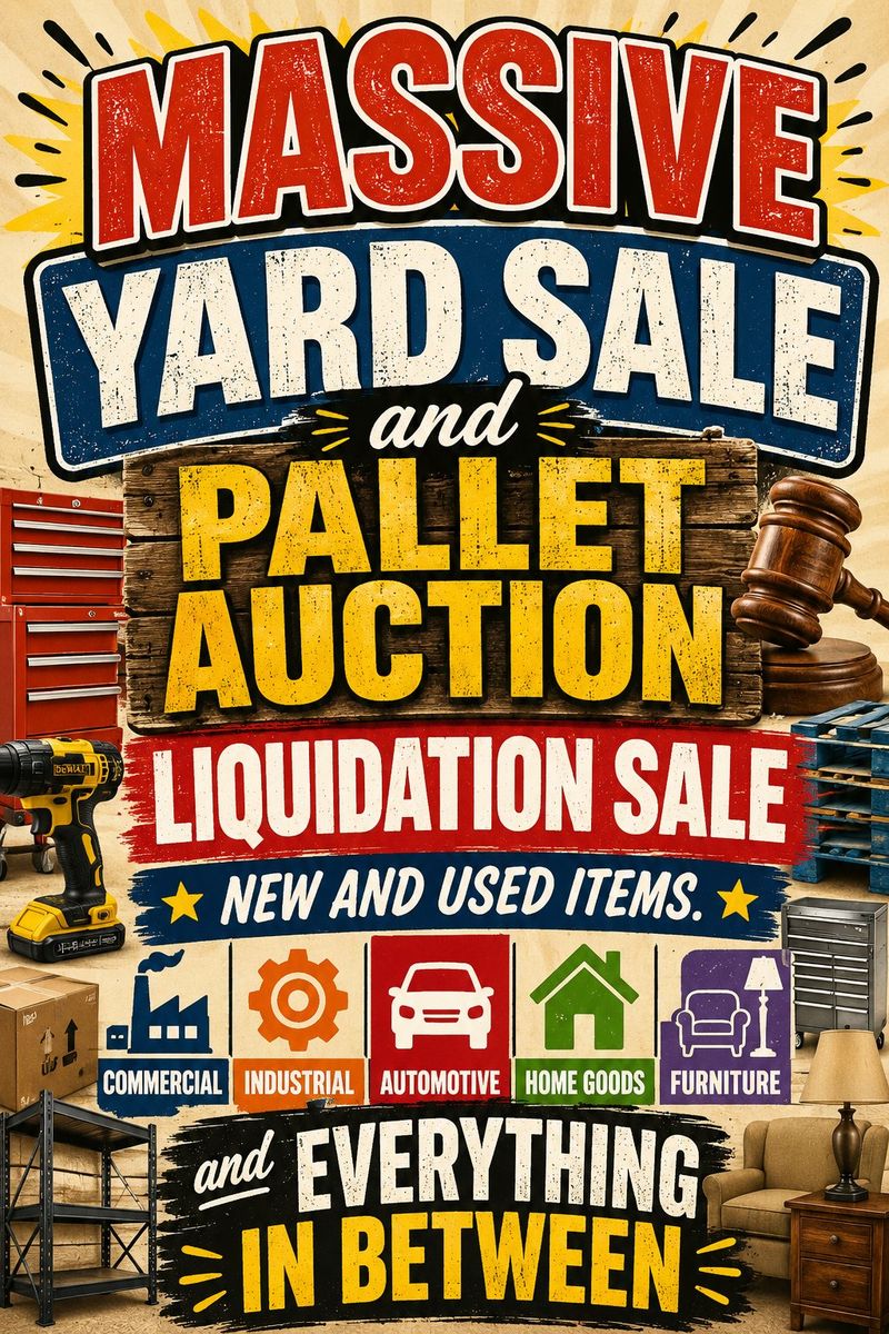 Massive Yard Sale and Pallet Auction Liquidation Sale Saturday May 30th