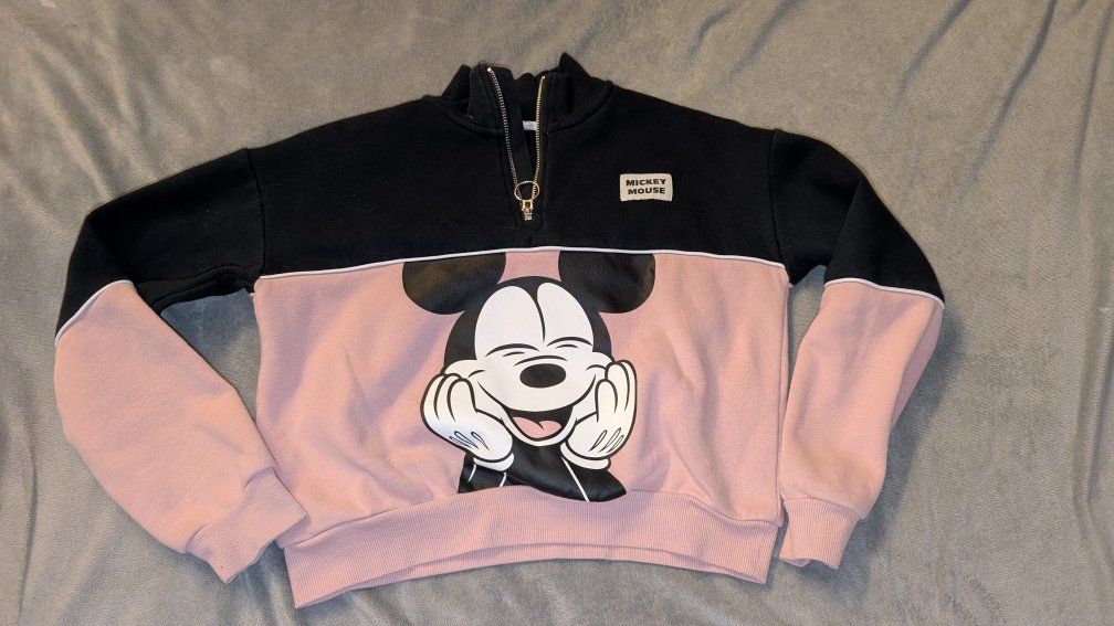 H&M Disney Mickey Mouse Half-Zip Sweatshirt Pink Black Girls Size 10-12Y
