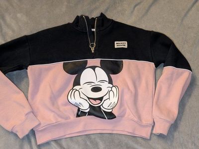 H&M Disney Mickey Mouse Half-Zip Sweatshirt Pink Black Girls Size 10-12Y