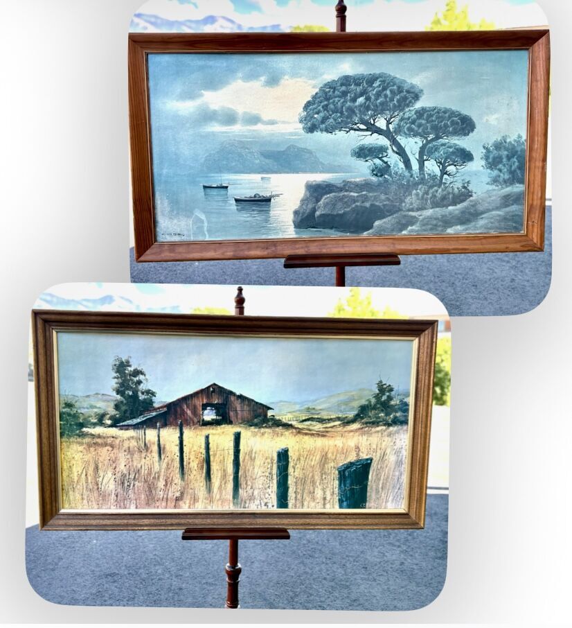 Large framed mid century oil painting prints. Perfect for Star Wars,  Star Trek, robot  updates &more! Over 4’ wide Vintage