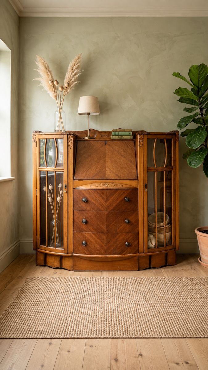 Vintage Art Deco Oak Side-By-Side Bowfront Secretary Desk & Curio Glass Display Cabinet w/Chevron Parquet & Sculptural Carved Wo