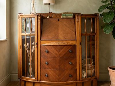 Vintage Art Deco Oak Side-By-Side Bowfront Secretary Desk & Curio Glass Display Cabinet w/Chevron Parquet & Sculptural Carved Wo
