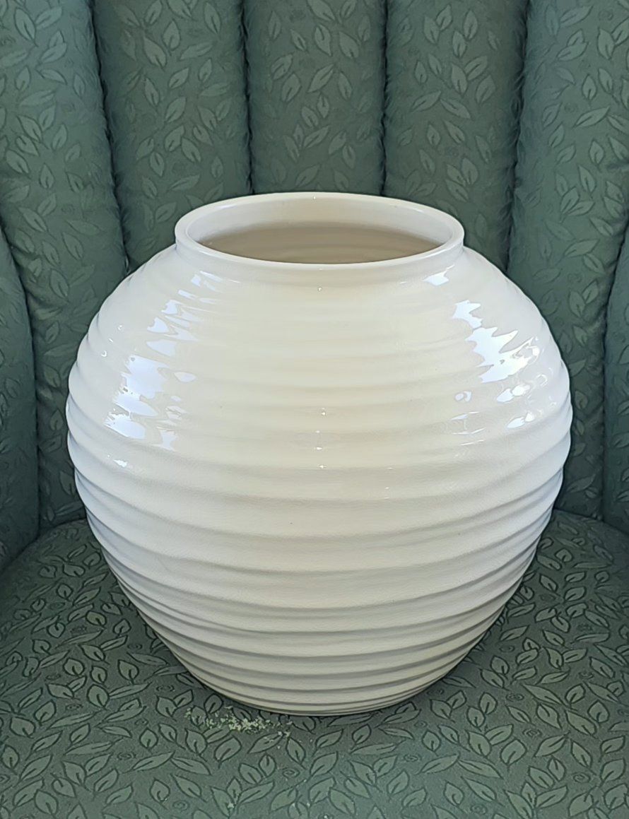 Light Beige  Ceramic Ribbed Vase - Modern Decorative Home Accent  Pottery Barn 11.5"Tx12.5"W Opening 6.5"