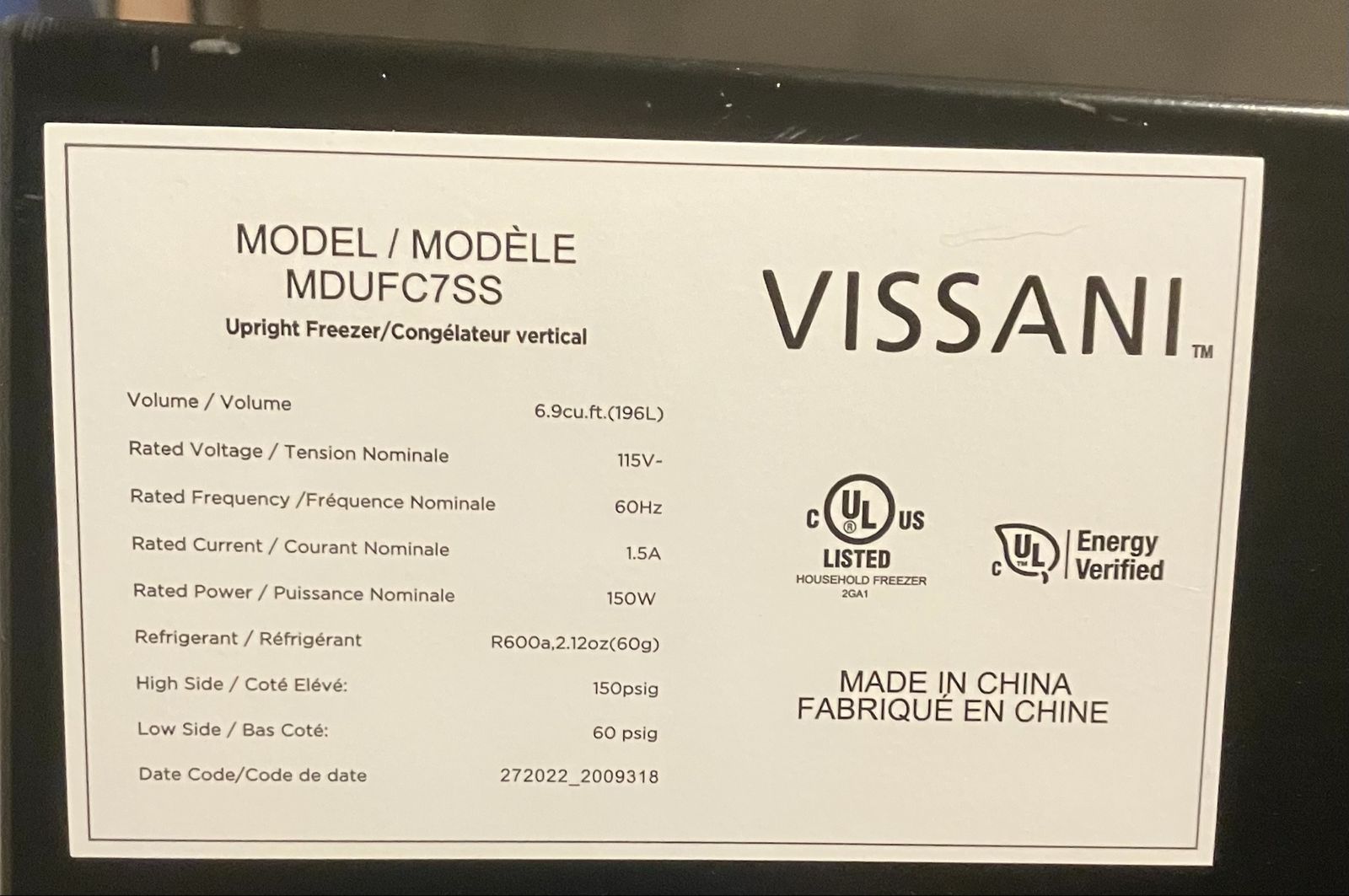 Vissani 6.9 cu. ft. Upright Freezer MDUFC7SS Black