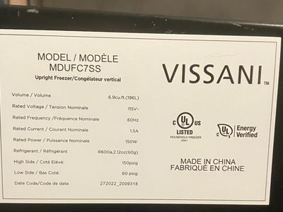 Vissani 6.9 cu. ft. Upright Freezer MDUFC7SS Black