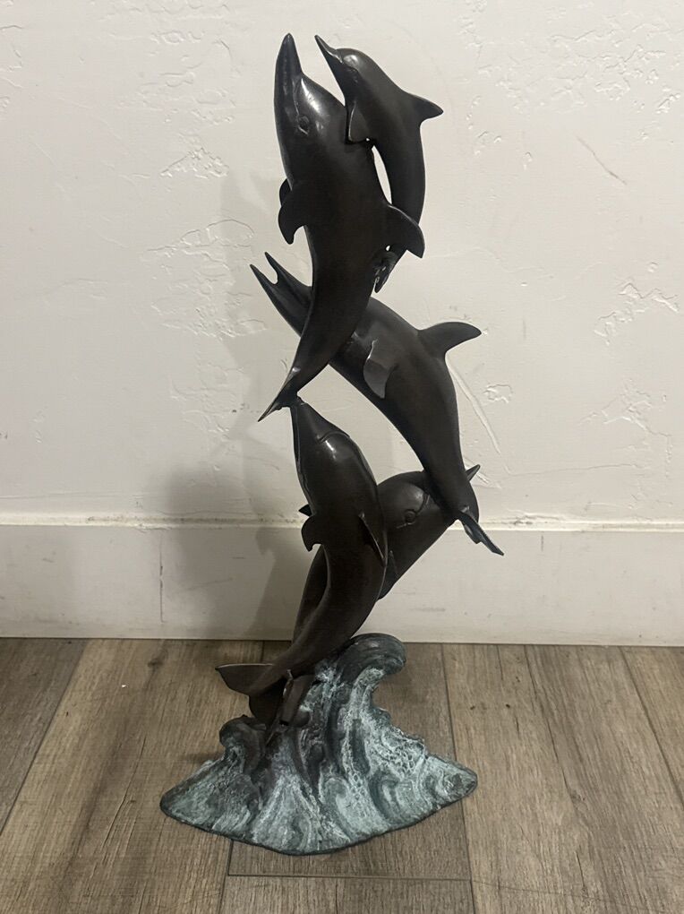 Dolphin pod jumping wave metal/bronze 22.5 statue