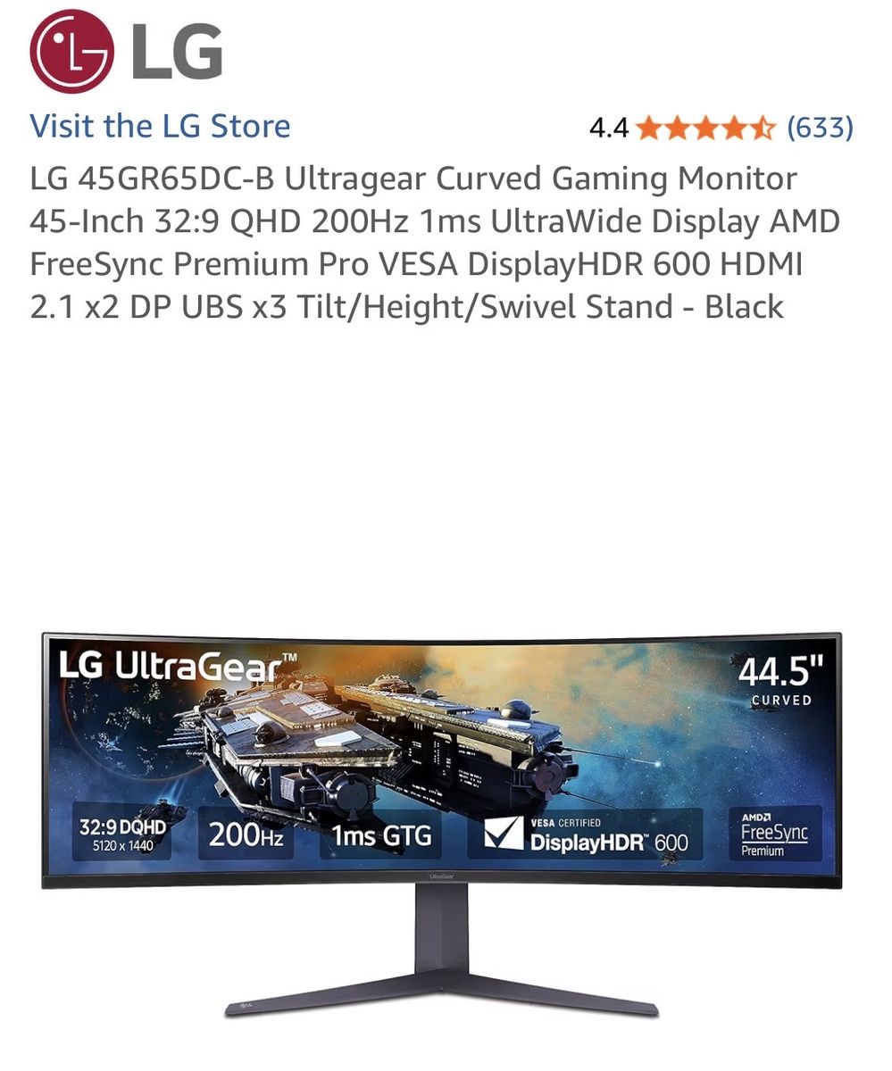 LG 45GR65DC-B UltraGear 44.5" Curved Ultrawide QHD 200Hz 1ms Gaming Monitor w/ FreeSync Premium Pro