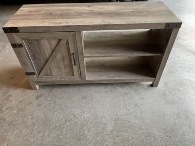 Rustic Farmhouse TV Stand Media Console with Barn Door and Metal Corner Accents