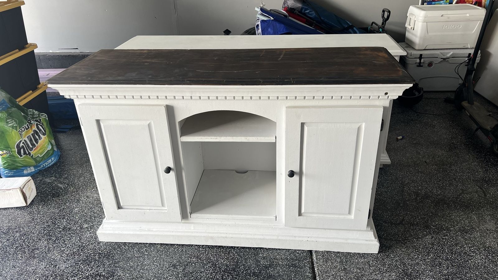 White Entertainment Center TV Stand with Dark Wood Top and Storage