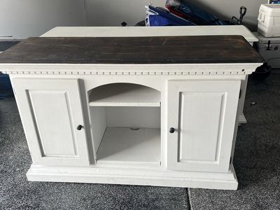 White Entertainment Center TV Stand with Dark Wood Top and Storage