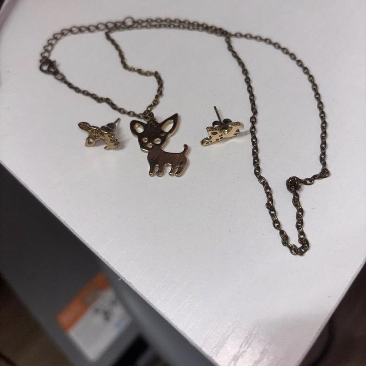 Chihuahua Dog Gold Tone Pendant Necklace & Stud Earrings Set Animal Pet Lover Jewelry