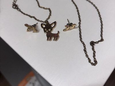 Chihuahua Dog Gold Tone Pendant Necklace & Stud Earrings Set Animal Pet Lover Jewelry