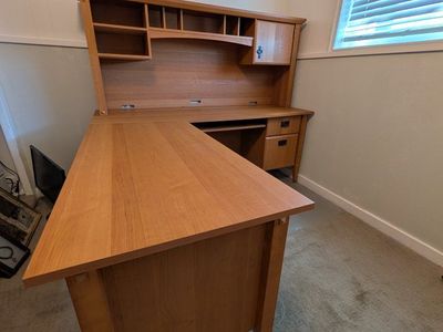 Oak Finish L-Shaped Desk with Hutch & Keyboard Tray - Home Office Workstation