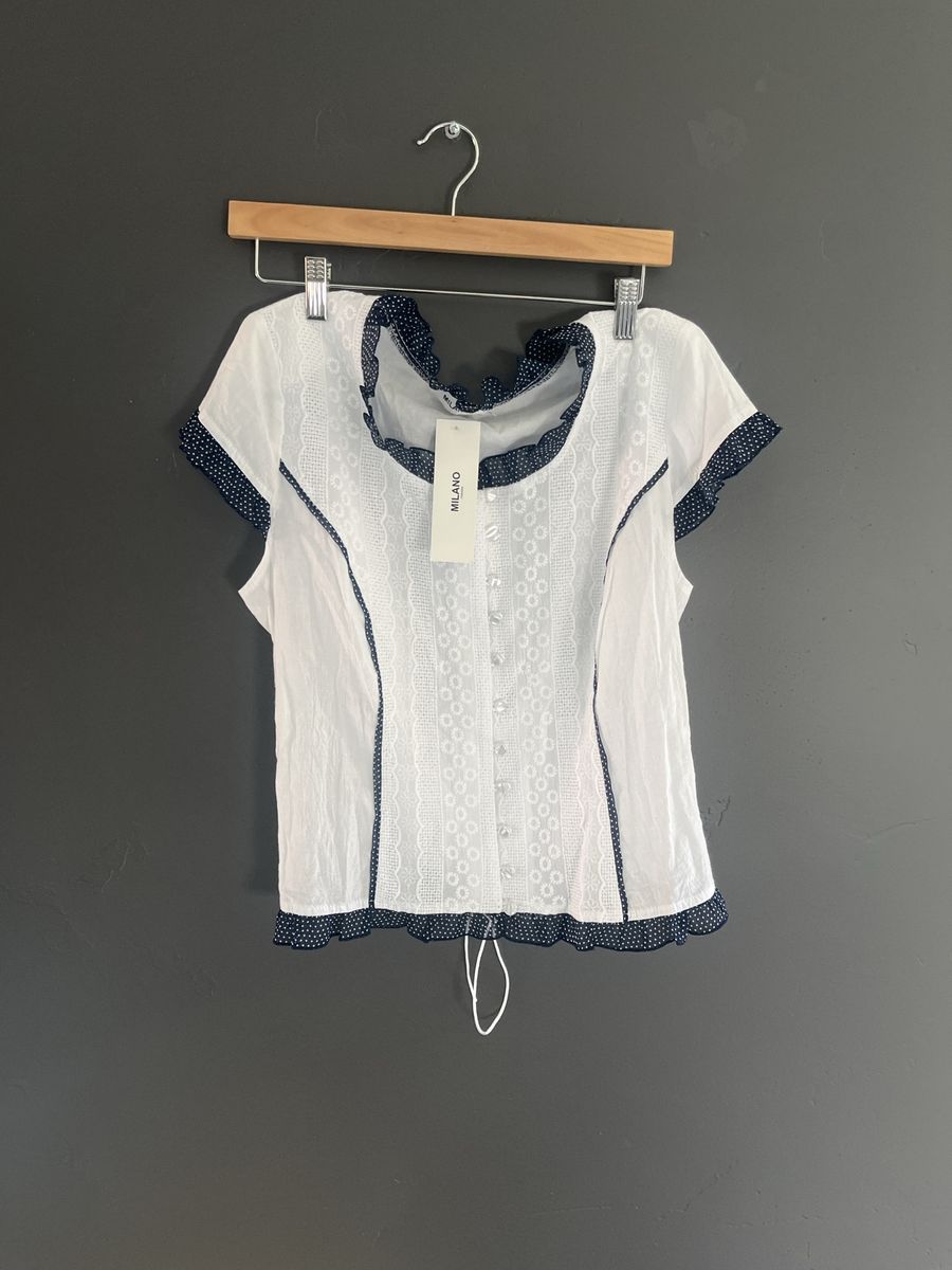 MILANO White Ruffle Trim Polka Dot Lace-Up  Blouse Top, Women's Size 44 Euro (New with Tags)