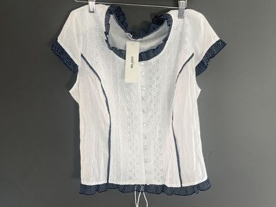 MILANO White Ruffle Trim Polka Dot Lace-Up Blouse Top, Women's Size 44 Euro (New with Tags)